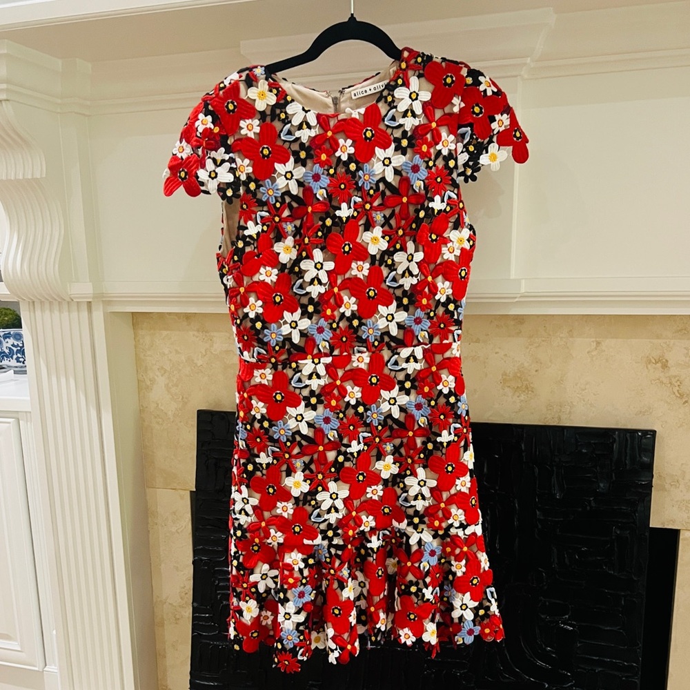 Alice + Olivia Floral Red Embroidered Dress - Worn once